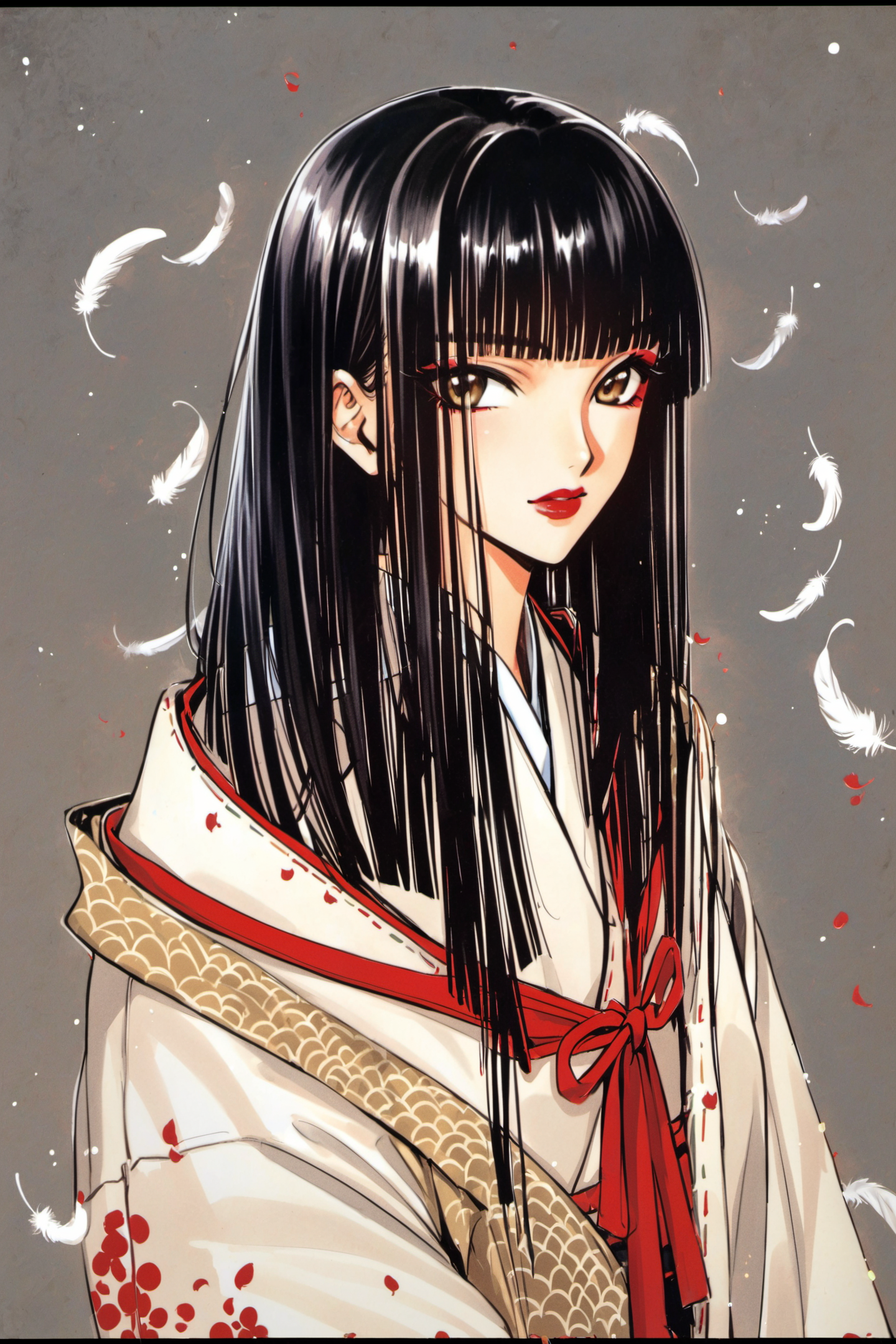 23526-442320425-X,solo, 1girl,Arashi Kishu, long hair, black hair, japanese clothes, feathers, bangs, kimono, hime cut, makeup, blunt bangs, let.png